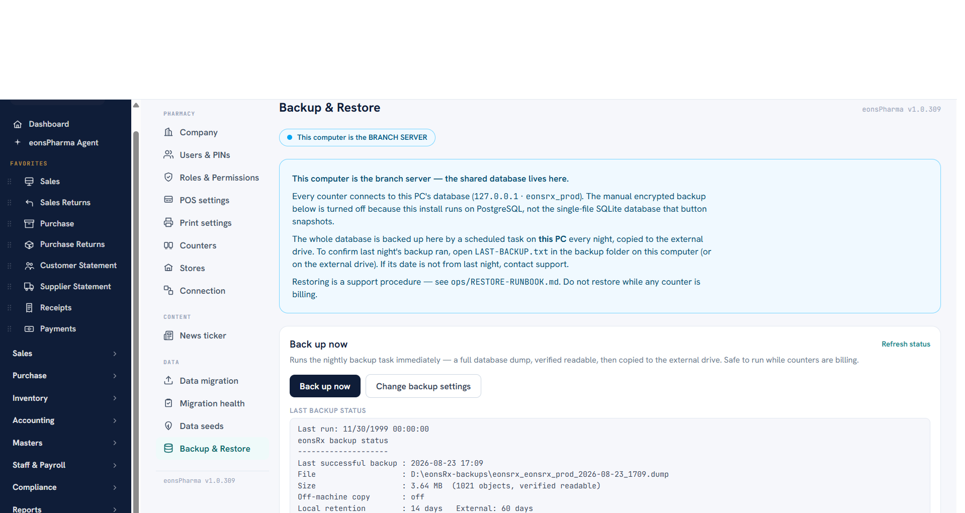 eonsPharma backup screen showing automatic nightly backups and a guided restore
