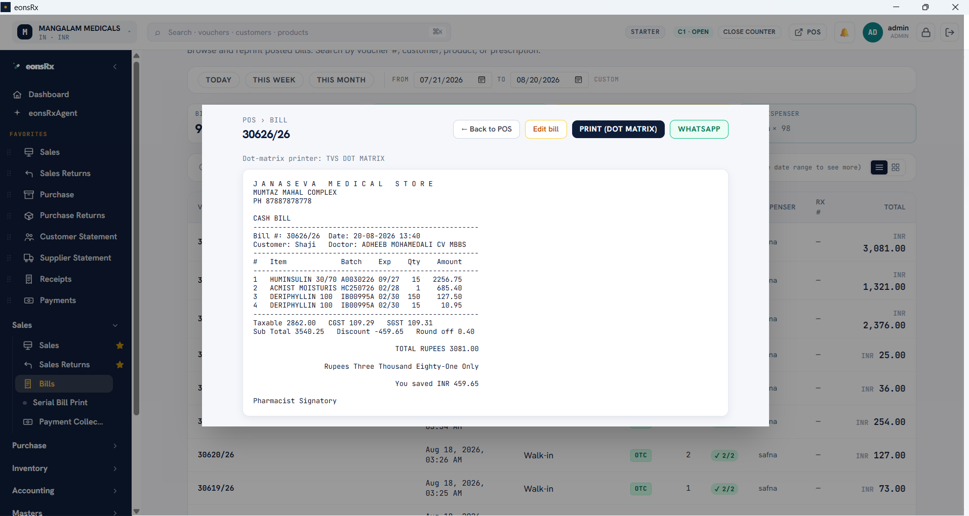 eonsPharma bills list showing recent sales with payment mode, amounts and counter