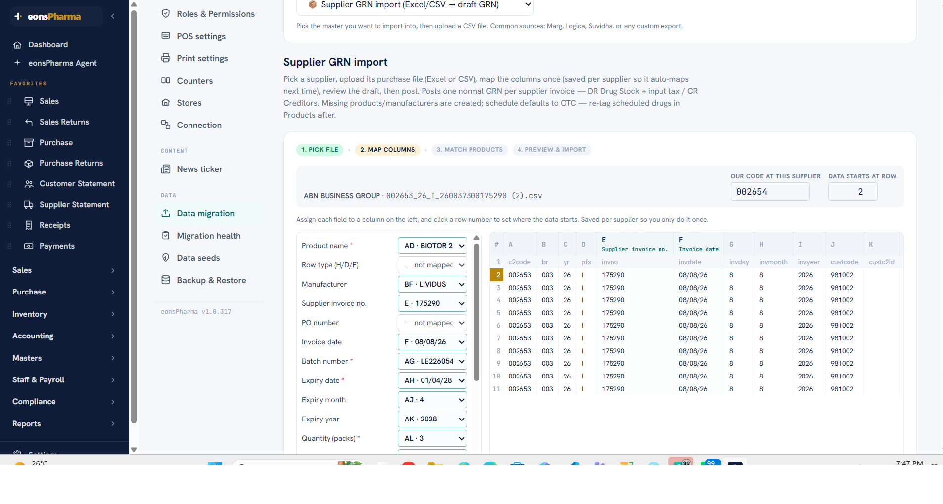 Supplier GRN import wizard: pick file, map columns, match products, preview and import — with the supplier's CSV columns assigned to product name, manufacturer, invoice number, batch, expiry and quantity.
